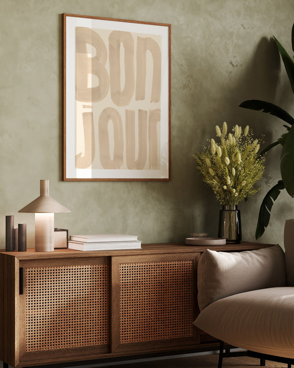 Bonjour word art poster styled beautifully in a minimalist modern kitchen layout