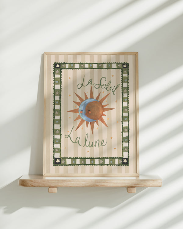 La Soleil and La Lune celestial sun and moon typography art print for timeless home styling