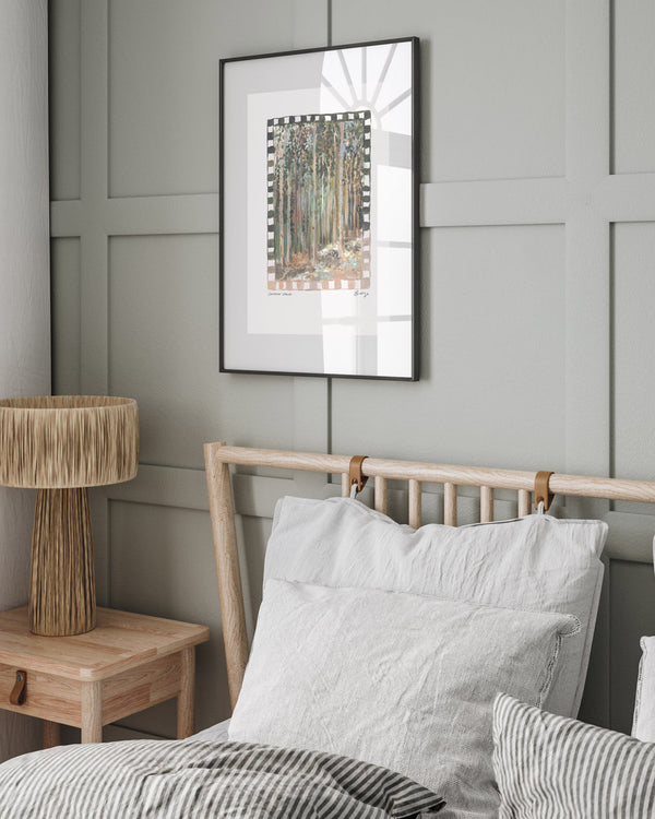 Lineover Wood nature poster print styled cleanly in a minimalist white living room frame