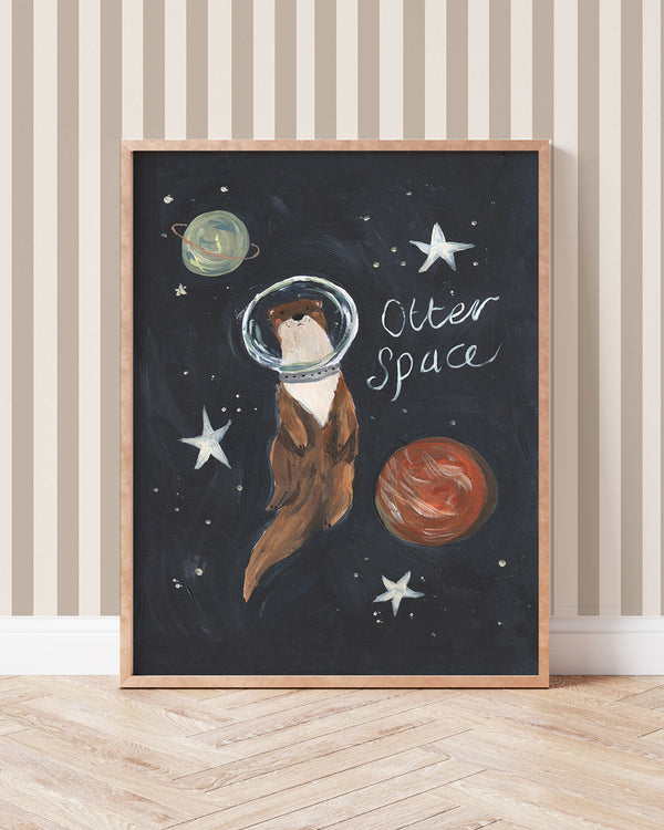 Otter Space animal pun cosmic space theme illustration art print for children playroom