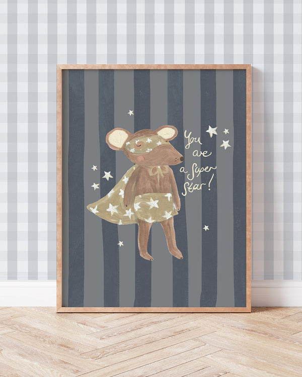 Superstar bright yellow star themed typography quote art print for kids bedroom decor