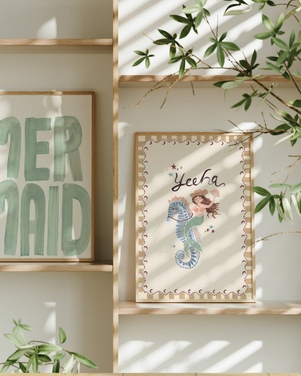 Alternative framing view of the Mermaid word art poster paired with character prints