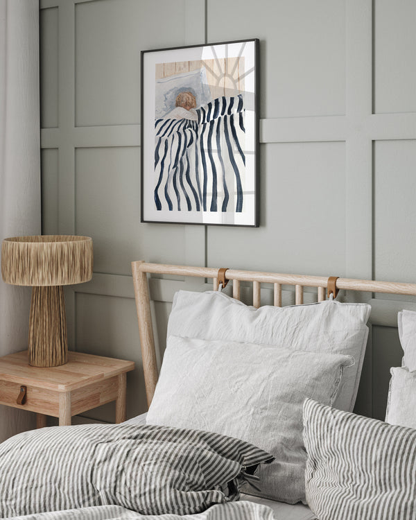 The Nest cottage landscape print styled cleanly in a minimalist white living room frame